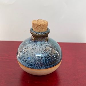 Pottery potion bottle with drip glaze and cork stopper. Hand crafted beauty
